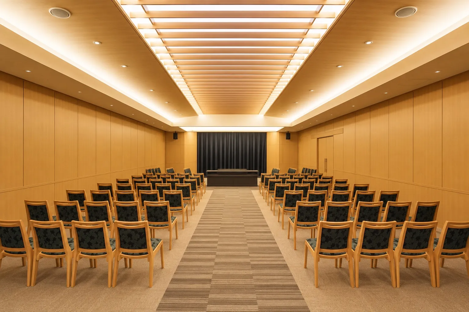 厚木市斎場 第1式場。中央の通路をはさんで会葬者席の椅子が並ぶ(イメージ)
